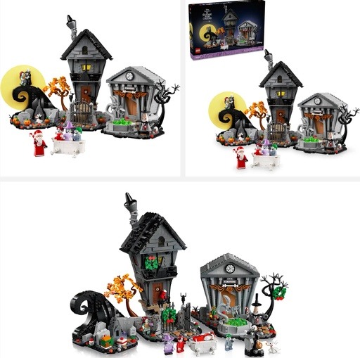 Image of LEGO Ideas Disney Tim Burton’s The Nightmare Before Christmas (21351), featuring detailed scenes from Halloween Town, including Jack Skellington’s house and the town hall. This image links to Amazon for more information and availability, showcasing one of the most popular LEGO sets of 2024 as highlighted in the post at Lou’s Bricks House.