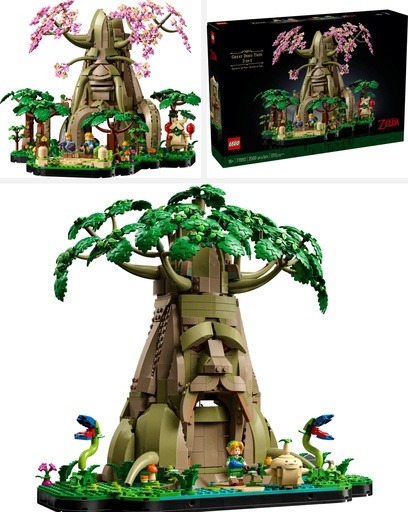 Image of the LEGO Nintendo The Legend of Zelda™ Great Deku Tree 2-in-1 (77092), featuring a detailed brick-built Great Deku Tree from the Zelda universe, with a pink blossom tree variation and an iconic green leafy tree. The image links to Amazon for availability.