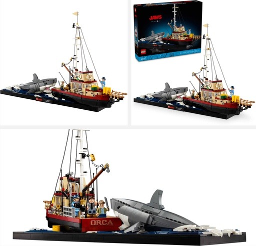 Image of LEGO Ideas Jaws (21350) set, featuring the Orca boat with detailed figures and a large shark. This image links to Amazon for availability and more information, showcasing one of the most popular LEGO sets of 2024 on Lou’s Bricks House.