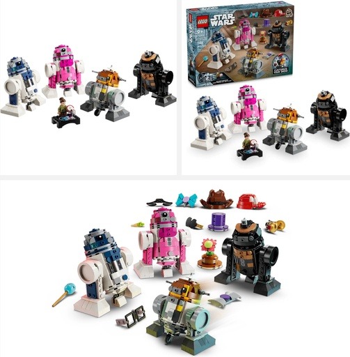 LEGO Star Wars Creative Play Droid Builder (75392) featuring customizable droids like R2-D2 and Chopper, along with various fun accessories. This image links to Amazon for more information and availability. 