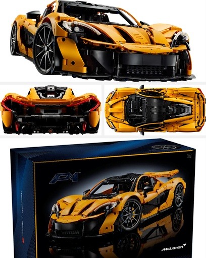 Image of LEGO Technic McLaren P1 (42172) featuring a detailed yellow model of the McLaren P1 supercar, showcasing front, rear, and top views of the build, with the LEGO box displayed beside it. This image links to Amazon for availability, highlighting one of the most popular LEGO sets of 2024 at Lou’s Bricks House.