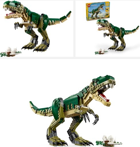 Image of the LEGO Creator 3-in-1 T. rex (31151) set, featuring a detailed model of a posable T. rex with a nest and eggs. This image links to Amazon for availability.