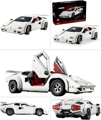 Image of LEGO Icons Lamborghini Countach 5000 Quattrovalvole (10337) model, showing detailed views from multiple angles with open scissor doors. This image links to Amazon for more details and availability.