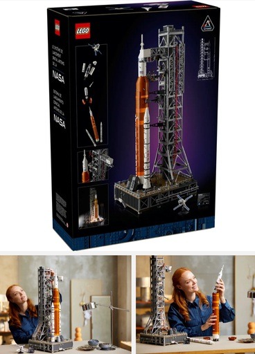 Image of LEGO Icons NASA Artemis Space Launch System (10341), featuring the detailed model of the Artemis rocket and launch tower. The image shows the set’s packaging, along with a person assembling the rocket, highlighting the intricate design and scale. This image links to Amazon for availability, showcasing one of the most popular LEGO sets of 2024 at Lou’s Bricks House.