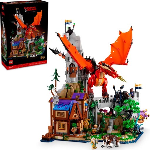 Image of LEGO Ideas Dungeons & Dragons: Red Dragon’s Tale (21348), featuring a detailed scene with a large red dragon perched on a castle and surrounded by a medieval village. The image links to Amazon for availability and further details.