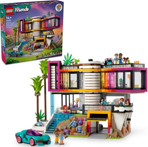 Image of LEGO Friends Andrea’s Modern Mansion (42639), featuring a colorful modern house with detailed interiors and a teal convertible car. This image links to Amazon for more details and availability