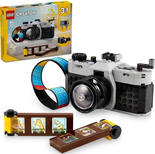 Image of LEGO Creator Retro Camera (31147), featuring a detailed LEGO camera with film roll, linking to Amazon for more information and availability on one of the most popular LEGO sets of 2024.