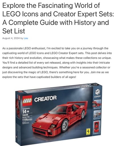 Image of the LEGO Creator Expert Ferrari F40 (10248), featured as the header image for the post titled ‘Explore the Fascinating World of LEGO Icons and Creator Expert Sets: A Complete Guide with History and Set List.’ This image highlights the detailed box art and model of the Ferrari F40, reflecting its appeal to collectors and LEGO enthusiasts. The image links directly to the full post.