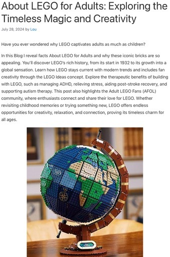 Image of the LEGO Ideas Globe set, showcasing a detailed model of the Earth on a brown base. This image is the header for the post titled ‘About LEGO for Adults: Exploring the Timeless Magic and Creativity.’ The image links to the full post on Lou’s Bricks House, where readers can learn about LEGO’s appeal to adults and its therapeutic benefits.