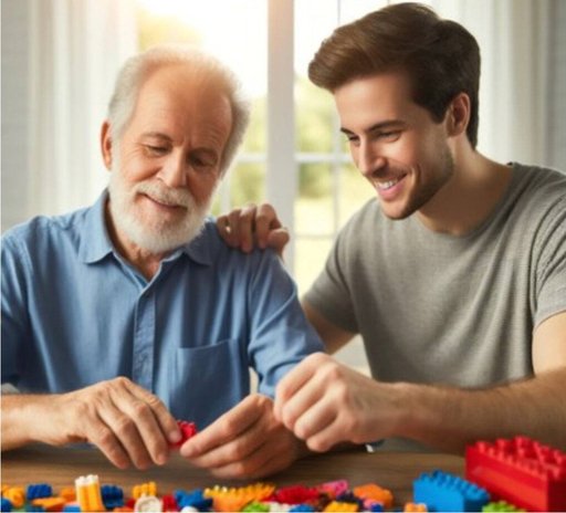 An elderly man and a younger man engaging in LEGO therapy as part of post-stroke recovery. This image links to the post ‘How Can LEGO Therapy Help with Post Stroke Recovery?’ at Lou’s Bricks House.