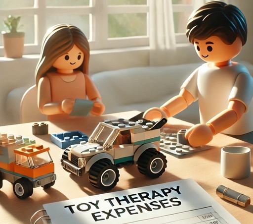 An image of life-sized LEGO minifigures representing a parent and child engaged in LEGO therapy. The parent is working on a LEGO car set, while the child handles another small LEGO vehicle. On the table is a notepad titled ‘Toy Therapy Expenses,’ reflecting the therapeutic and financial aspects of LEGO therapy for tax deductions.