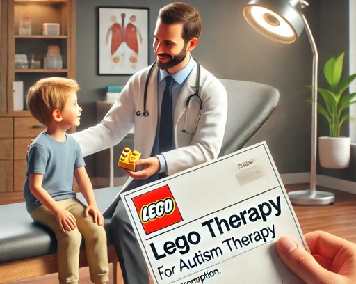 image of a doctor handing a prescription labeled ‘LEGO Therapy’ to a parent in a well-lit, modern doctor’s office. The child sits excitedly next to the parent. The scene emphasizes the therapeutic and financial benefits of LEGO therapy, tying into the post’s topic on ‘LEGO therapy tax deduction’ and how medical professionals can prescribe LEGO therapy, making it eligible for tax deductions or insurance coverage.