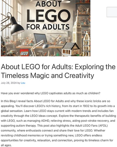 An image of a creative LEGO workspace featuring various intricate LEGO builds with the text ‘About LEGO for Adults.’ This header image for the post ‘About LEGO for Adults: Exploring the Timeless Magic and Creativity’ at Lou’s Bricks House links to the full article.