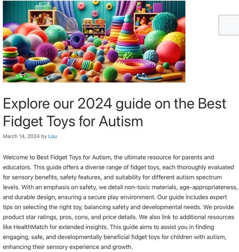 The header image for the post Explore our 2024 guide on the Best Fidget Toys for Autism at Lou’s Bricks House. The image features colorful fidget toys for sensory play, including balls, rings, and other sensory items. The image links to the full post about the best fidget toys for autism, discussing their benefits and features.