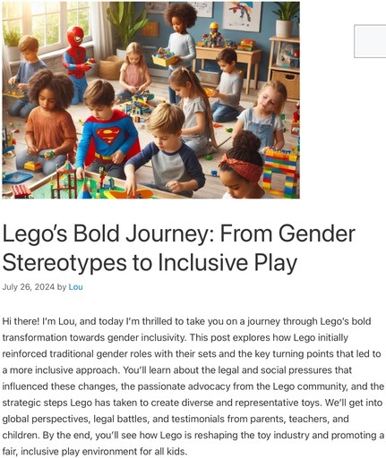 The header image for the post Lego’s Bold Journey: From Gender Stereotypes to Inclusive Play at Lou’s Bricks House. The image shows a diverse group of children playing with LEGO, symbolizing gender inclusivity and representation. The image links to the full post about how Lego transformed its approach to gender inclusivity in toys.