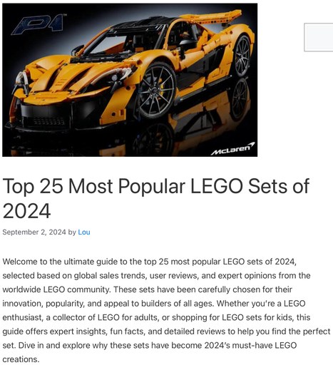 The header image for the post Top 25 Most Popular LEGO Sets of 2024 at Lou’s Bricks House. The image features the LEGO McLaren P1, showcasing the sleek and detailed design of one of the year’s most popular sets. The image links to the full post detailing the top 25 LEGO sets of 2024.