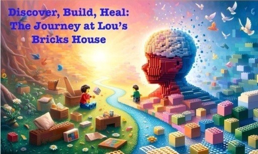 Discover, Build, Heal journey illustration for Lou’s Bricks House homepage, highlighting creativity and mental health through LEGO.